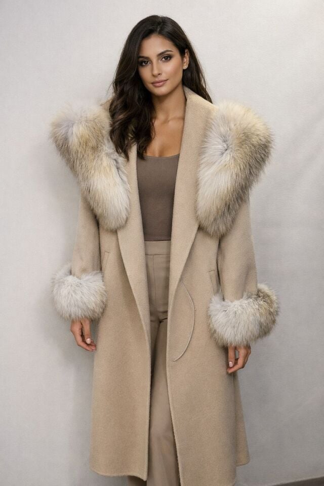 Anka Beige Kürklü Kaşmir Kaban