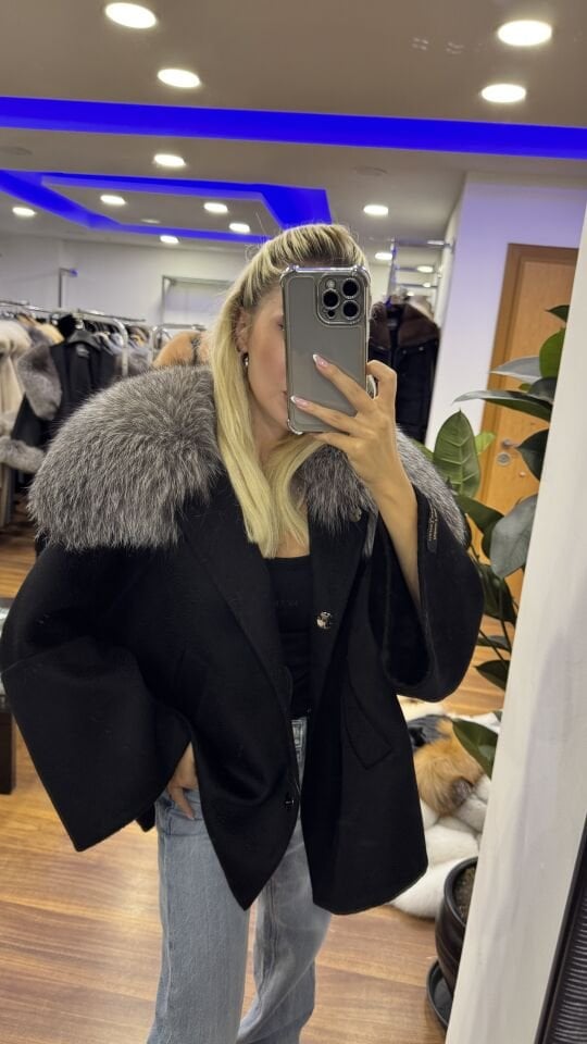 Ash Black Kürklü Kaşmir Kaban