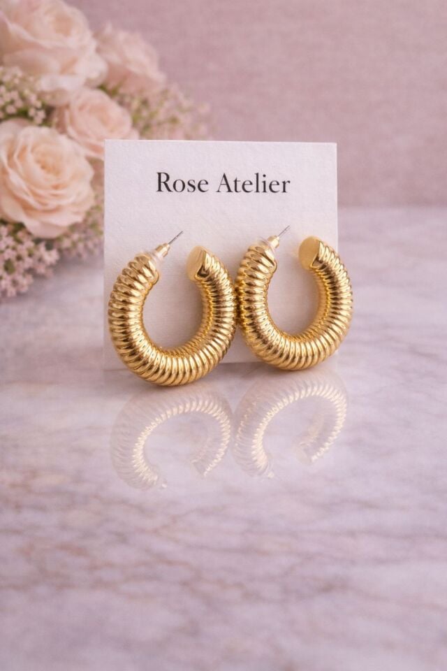 Gold Ribbed Halka Küpe